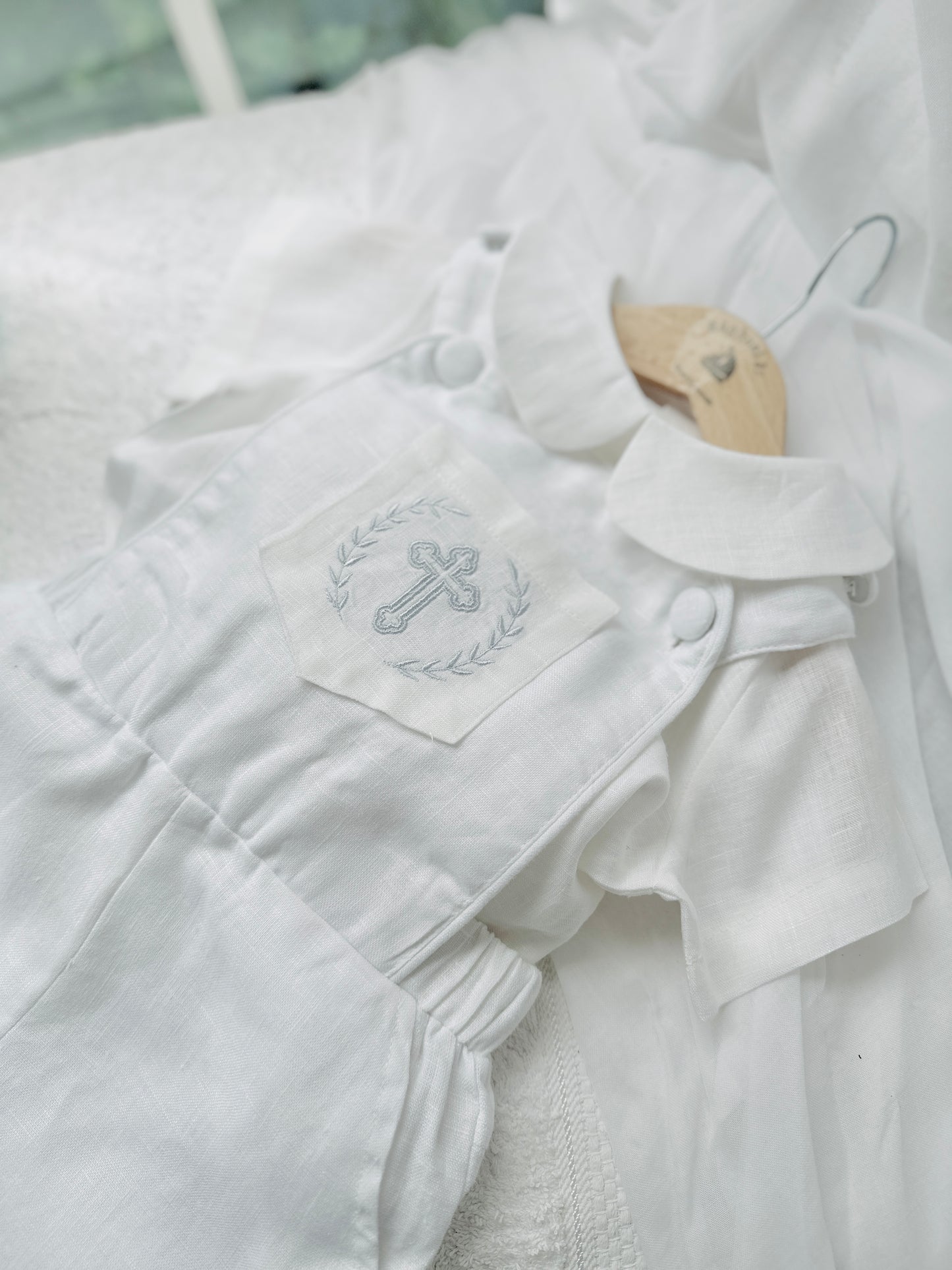 Boys white pure linen overalls suspender shorts with optional linen blouse and embroidery