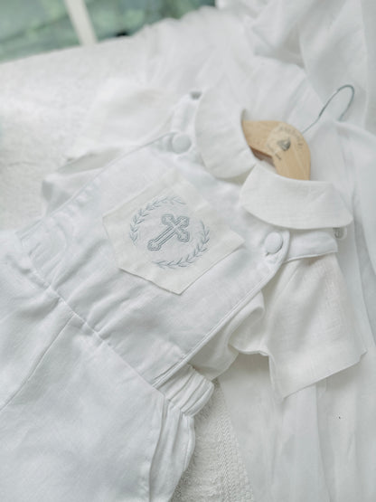 Boys white pure linen overalls suspender shorts with optional linen blouse and embroidery