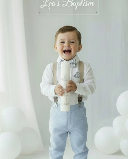 Blue chambray set with blue pants, white linen shirt, white, blue or beige suspenders and blue bow tie