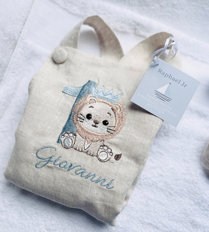 Boys White Linen first birthday romper with custom embroidery designs