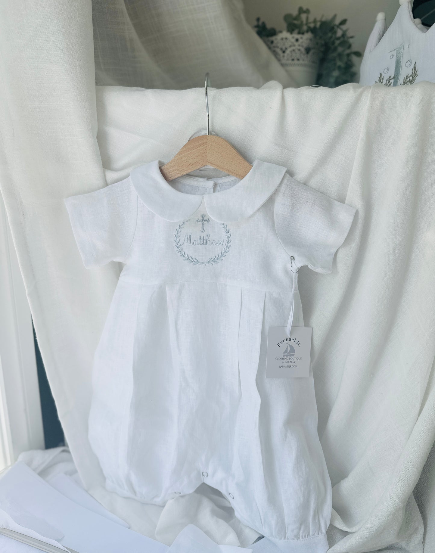 Linen Baptism romper dungaree jumpsuit with optional cardigan and embroidery