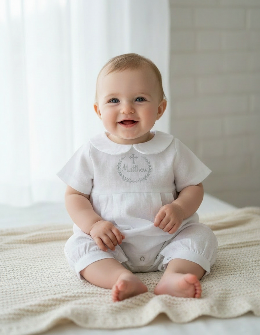 Linen Baptism romper dungaree jumpsuit with optional cardigan and embroidery