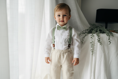 Beige Linen full length suit with pants, shirt, jacket and accessories
