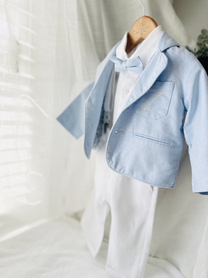 White linen Baptism Suit outfit with optional blue jacket and Accessories