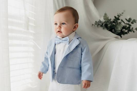 White linen Baptism Suit outfit with optional blue jacket and Accessories