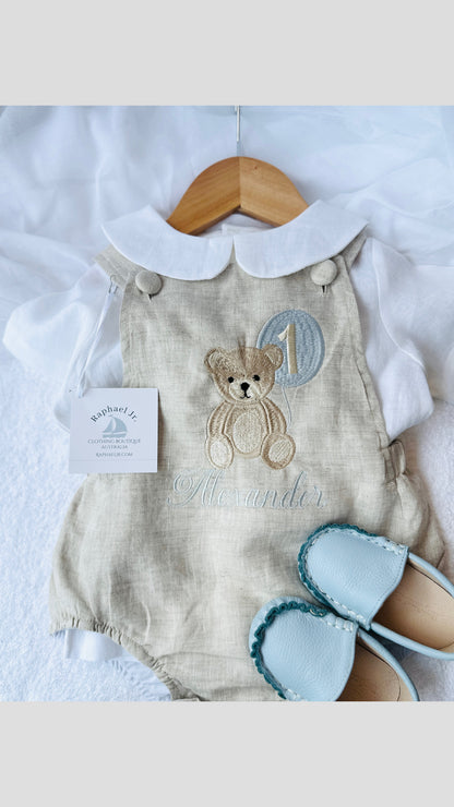 Beige and white linen Birthday and Baptism romper and blouse set