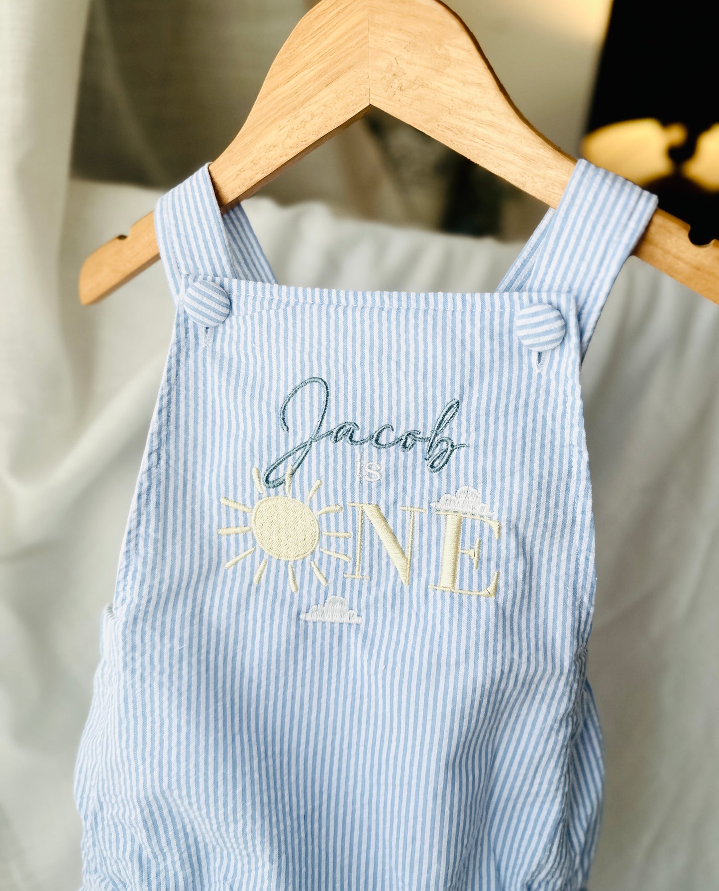 Boys White Linen First Birthday overalls romper one silly goose onederful world oneder the sea teddy car balloons and more