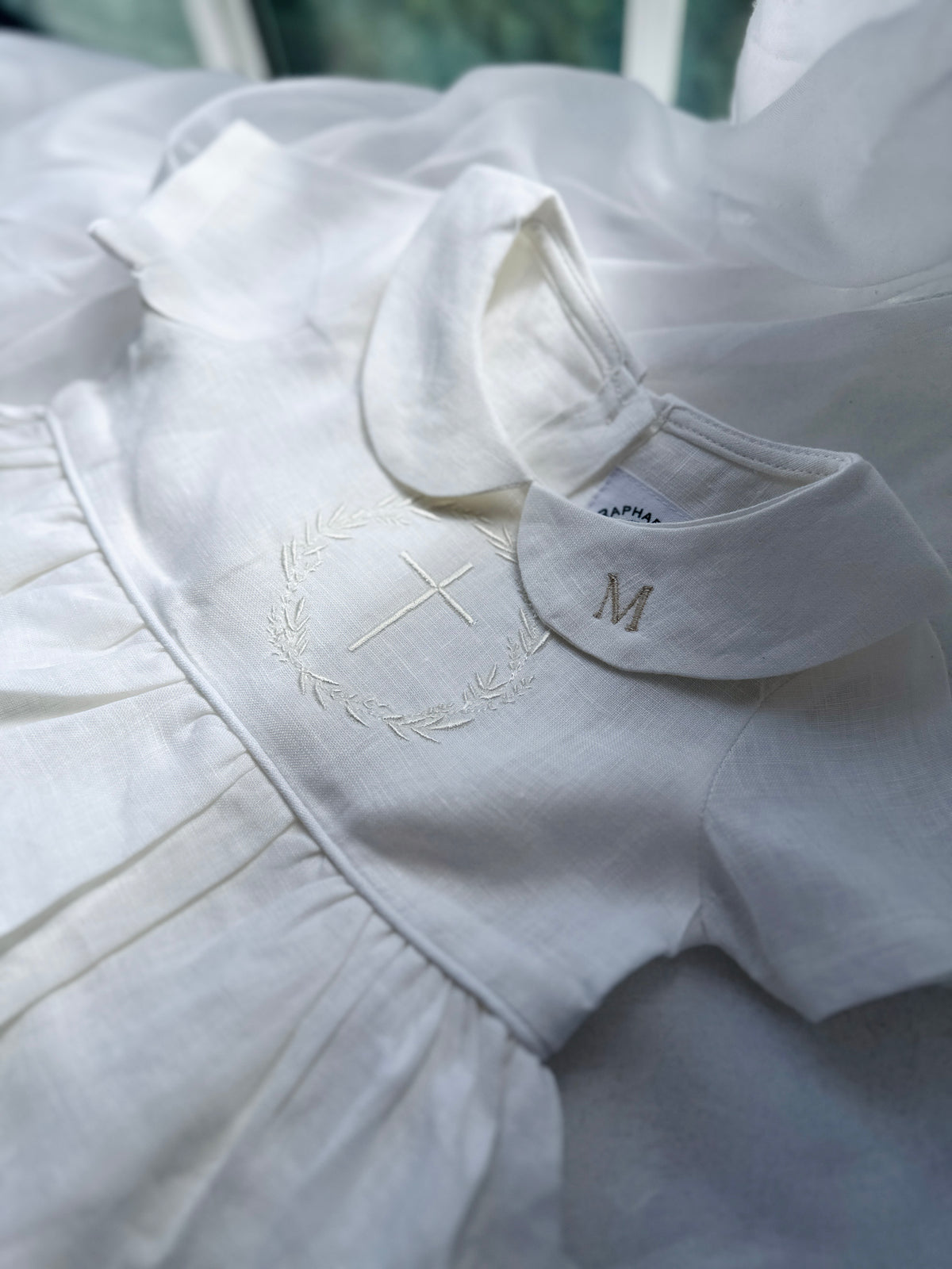 Pure Linen knee length Baptism Dress with embroidery and bloomers and optional ribbon