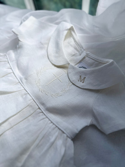 Pure Linen knee length Baptism Dress with embroidery and bloomers and optional ribbon
