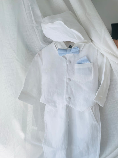 Baby and Toddler Boys white linen outfit with vest, shirt, pants, suspenders and bowtie plus optional blue blazer