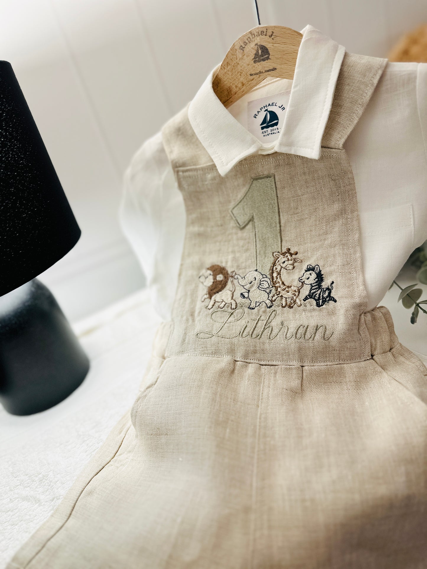 Boys beige pure linen overalls with optional shirt and embroidery