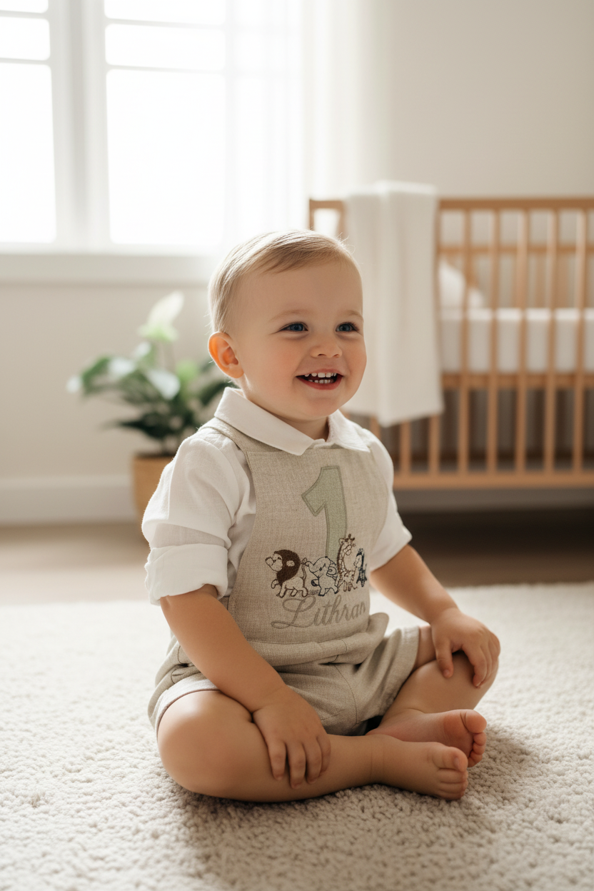 Boys beige pure linen overalls with optional shirt and embroidery