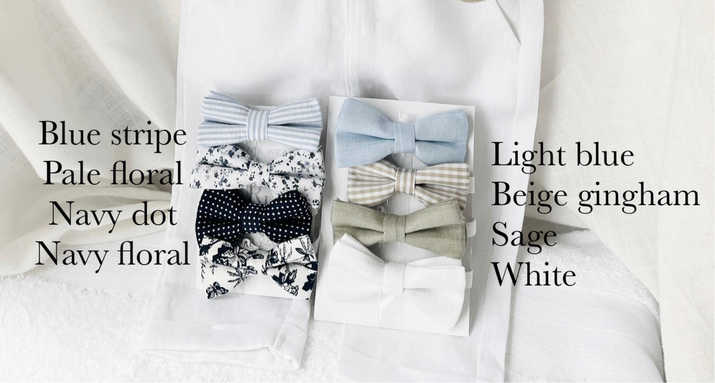 Boys white and cotton Baptism wedding set with vest onesie, shorts, suspenders and bow tie