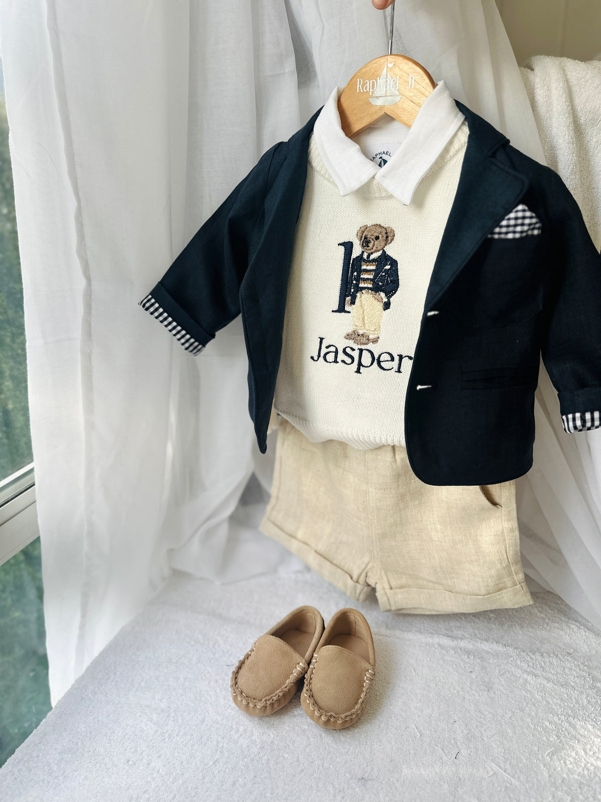 Polo Bear first birthday set with linen shirt, shorts and bear jumper