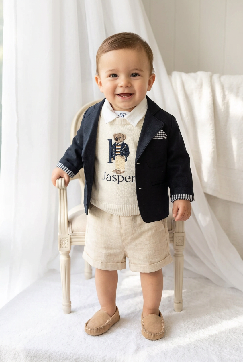 Polo Bear first birthday set with linen shirt, shorts and bear jumper