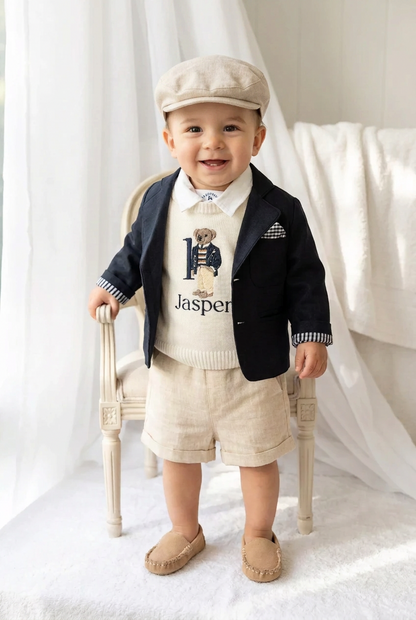 Polo Bear first birthday set with linen shirt, shorts and bear jumper