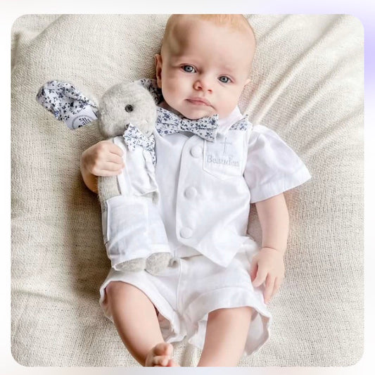 Baby and Toddler Boys white linen summer set with vest, shirt, shorts, suspenders and bowtie