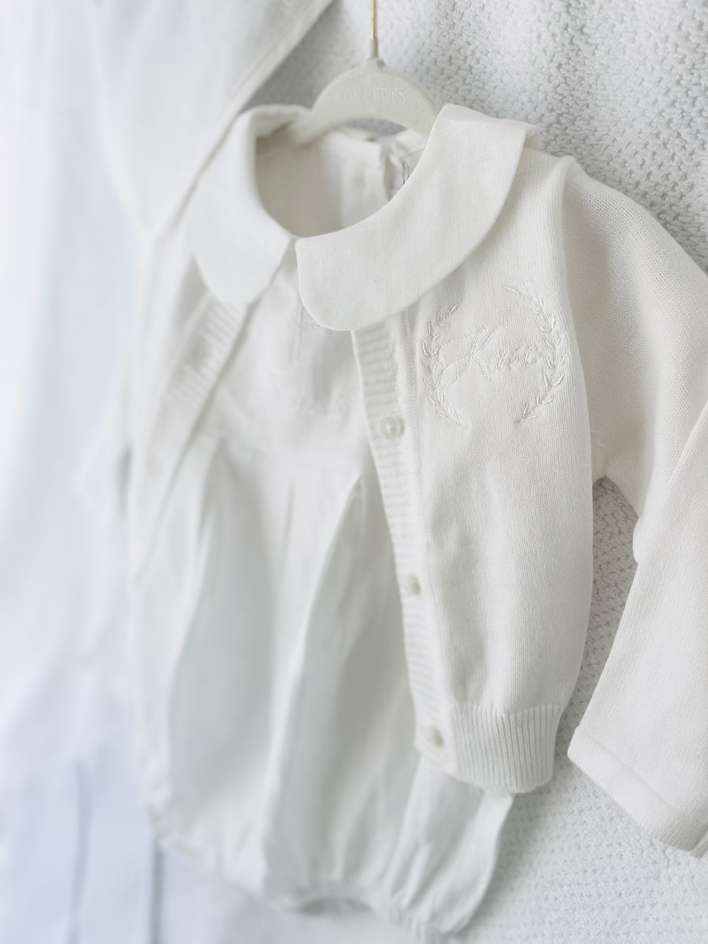 Linen Baptism peter pan collar romper outfit with optional embroidery customisation