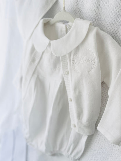Linen Baptism peter pan collar bubble romper with optional embroidery customisation