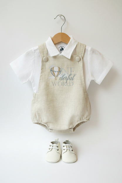 Beige linen baptism and birthday romper and shirt set