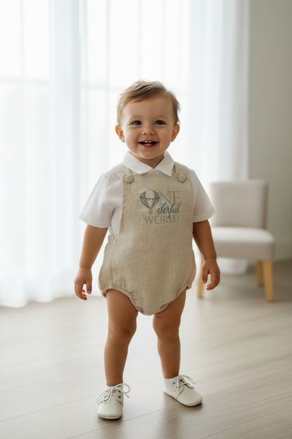 Beige linen baptism and birthday romper and shirt set