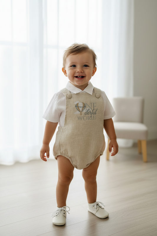 Beige linen baptism and birthday romper and shirt set