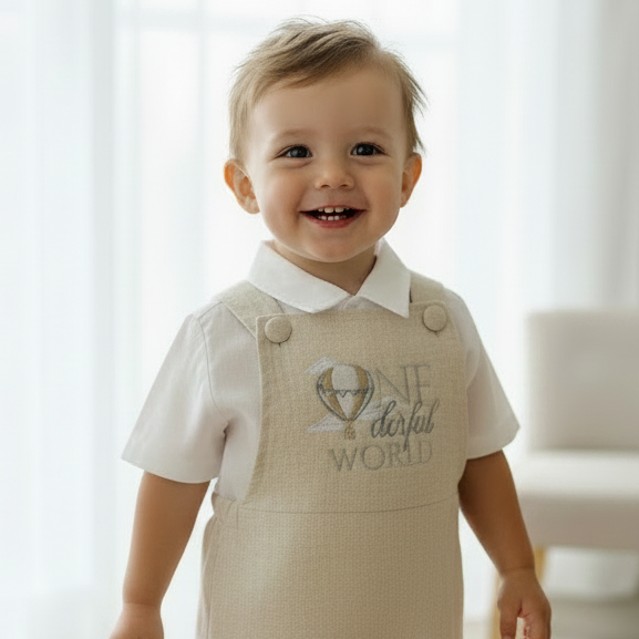 Boys beige pure linen overalls with optional shirt and embroidery