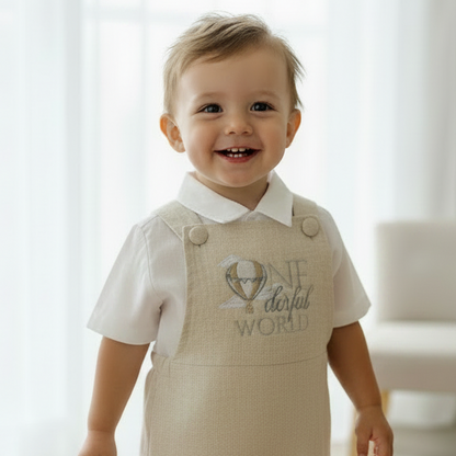 Boys beige pure linen overalls with optional shirt and embroidery