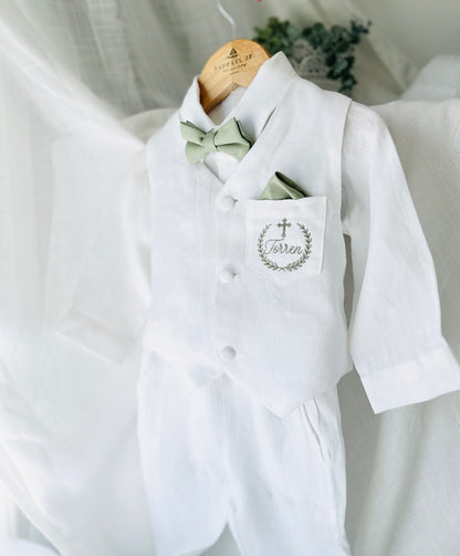 Boys white linen full 5 piece suit with vest, jacket, shirt, pants, suspenders and bow tie plus extras