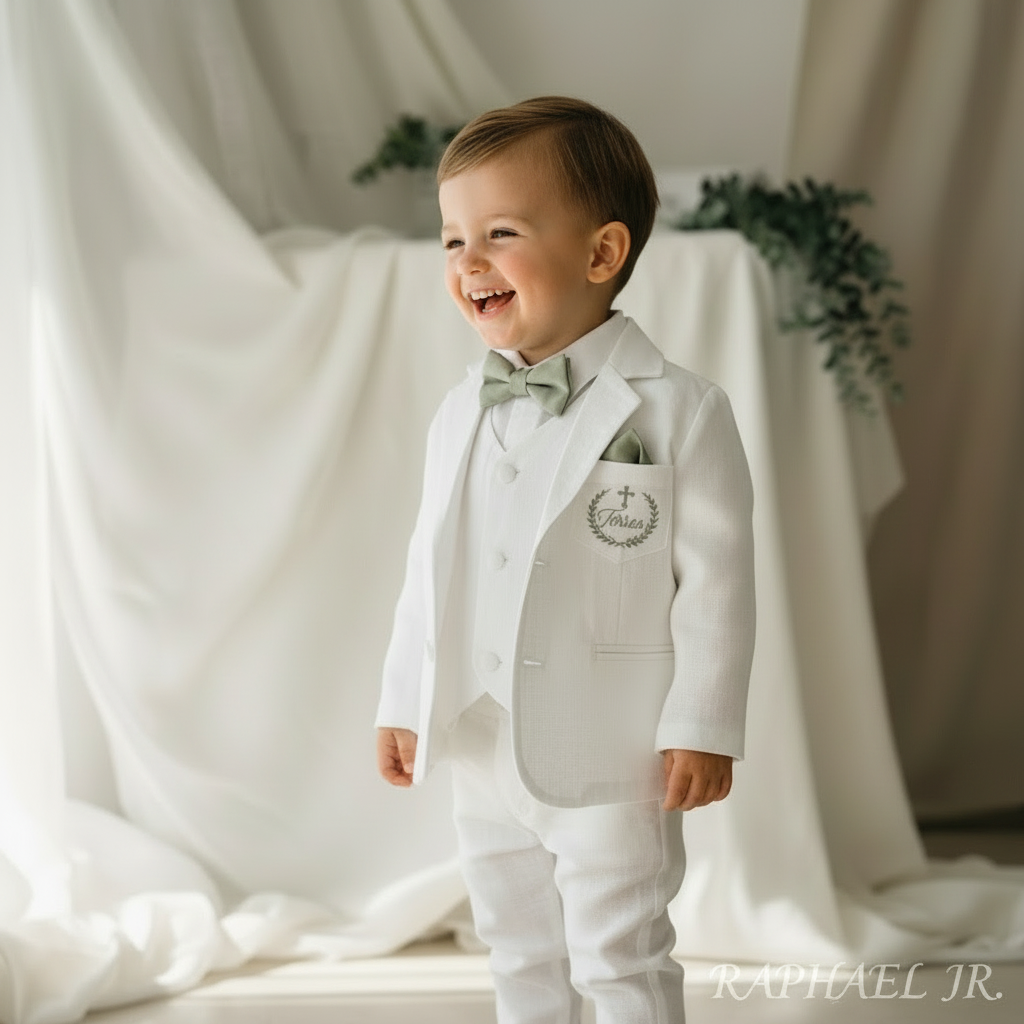 Boys white linen full length Baptism set with vest, shirt, pants, suspenders and bow tie