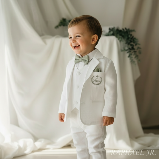 Boys white linen full 5 piece suit with vest, jacket, shirt, pants, suspenders and bow tie plus extras