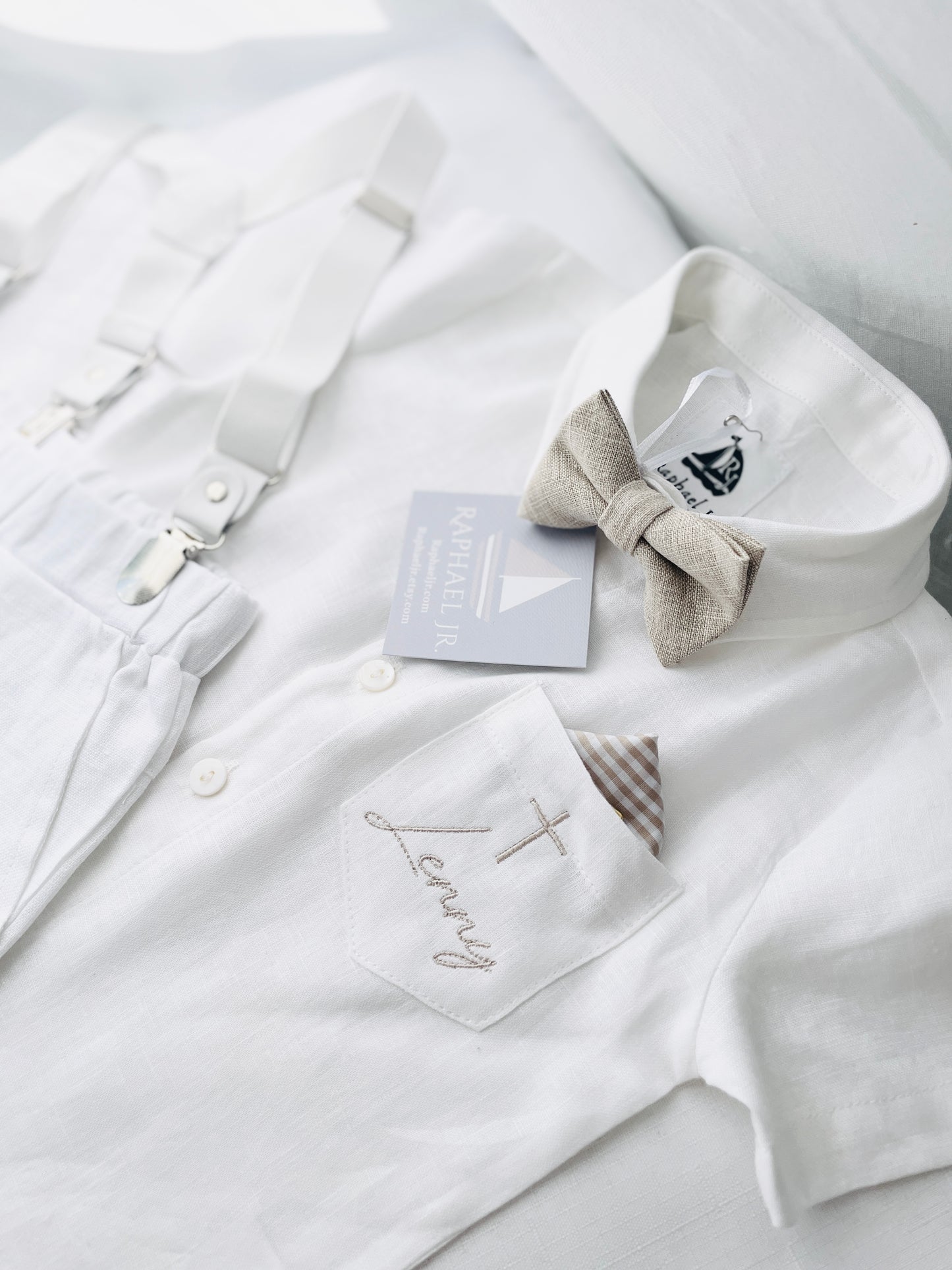 White linen summer Baptism set with shirt shorts suspenders bow tie and optional jacket