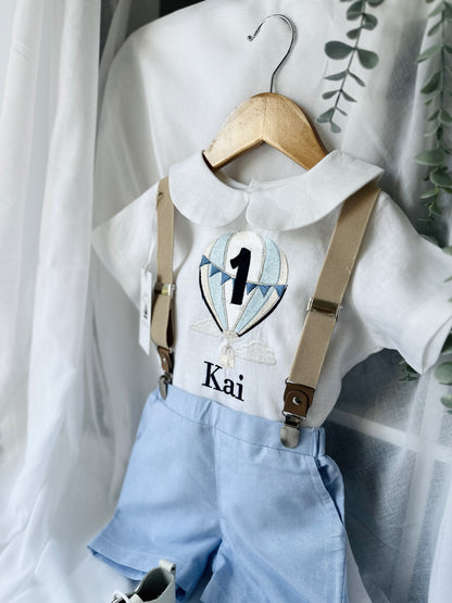 Blue and white linen first Birthday and Baptism blouse with suspender shorts set