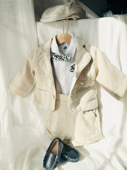Beige Linen Summer Suit with navy blue accessories