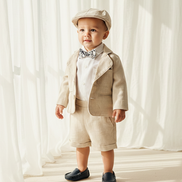 Beige Linen Summer Suit with navy blue accessories