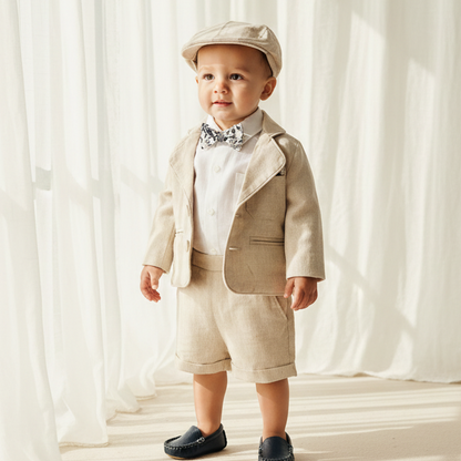Beige Linen Summer Suit with navy blue accessories