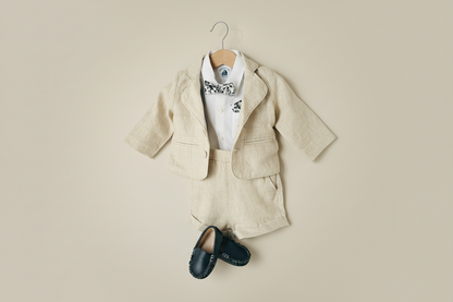 Beige Linen Summer Suit with navy blue accessories