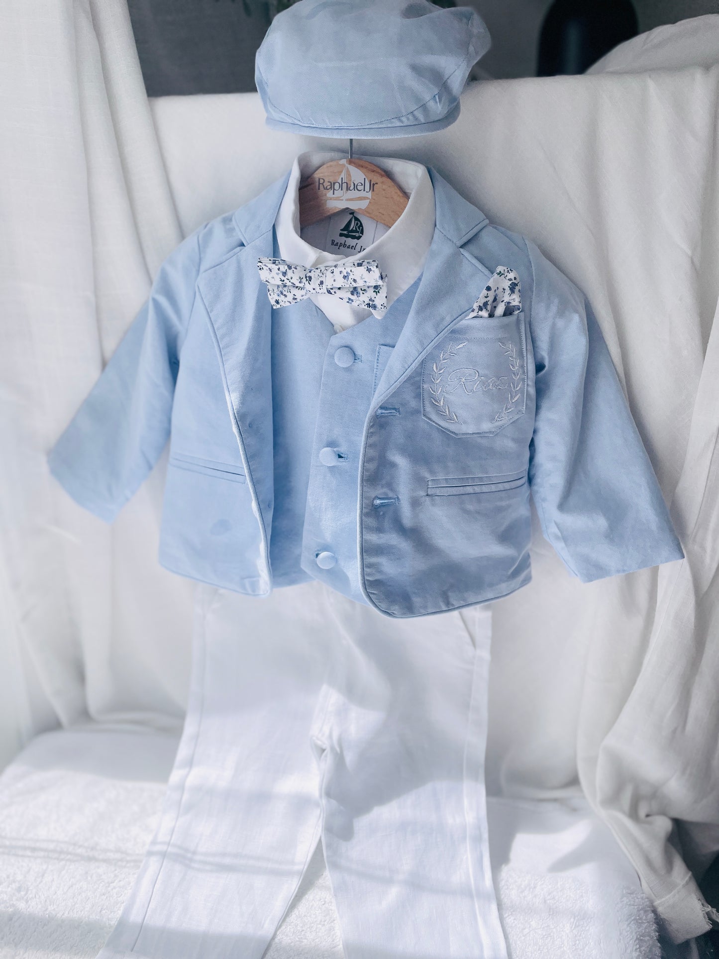 Boys pale blue and white Baptism outfit with blue vest, white linen suspender pants and shirt