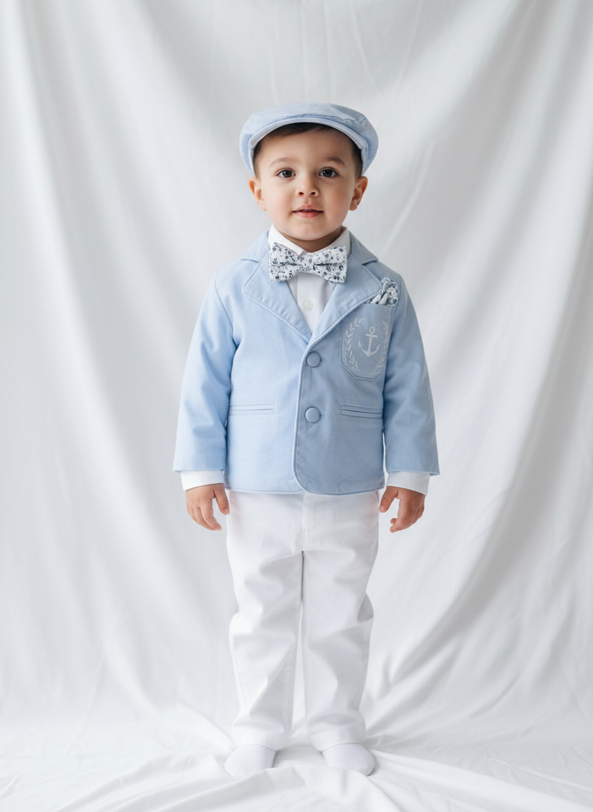 Boys pale blue and white Baptism outfit with blue vest, white linen suspender pants and shirt