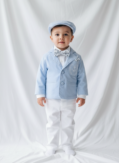 Boys Light blue suit with blue vest, bow tie optional jacket, plus white linen shirt and suspender pants