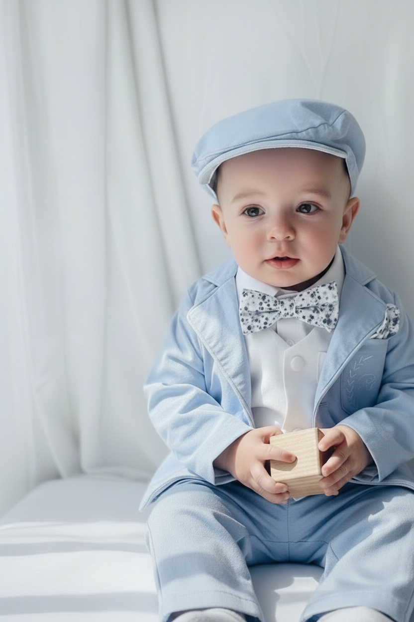 Pale Blue Suit with white linen vest and optional Jacket