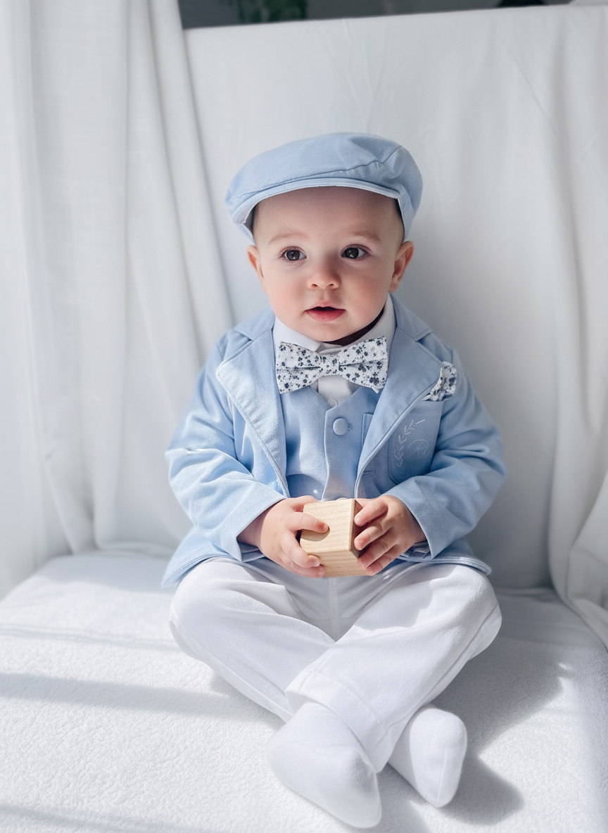 Boys Light blue suit with blue vest, bow tie optional jacket, plus white linen shirt and suspender pants
