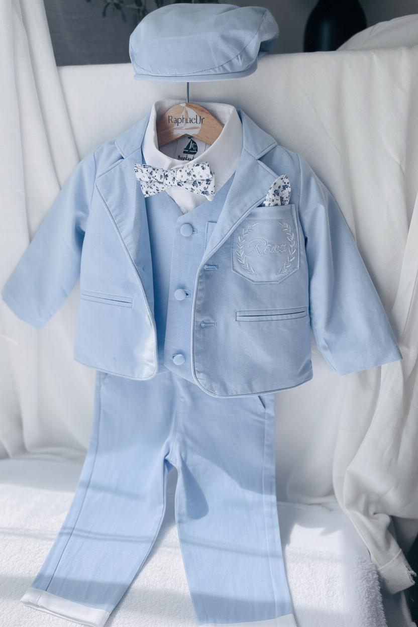 Baby and toddler boys pale blue chambray suit with blue vest, pants and jacket