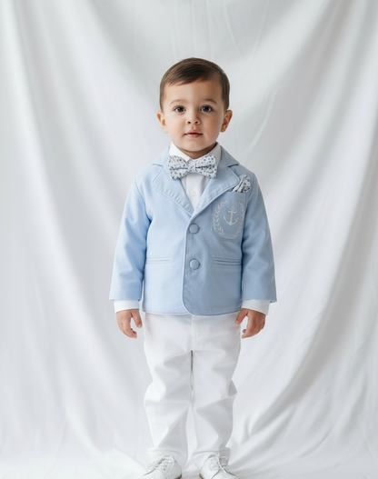 Baby and Toddler Boys white linen outfit with vest, shirt, pants, suspenders and bowtie plus optional blue blazer
