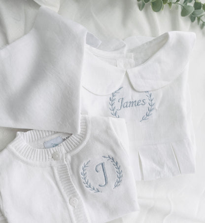 Linen Baptism 3/4 length jumpsuit with optional cardigan and embroidery