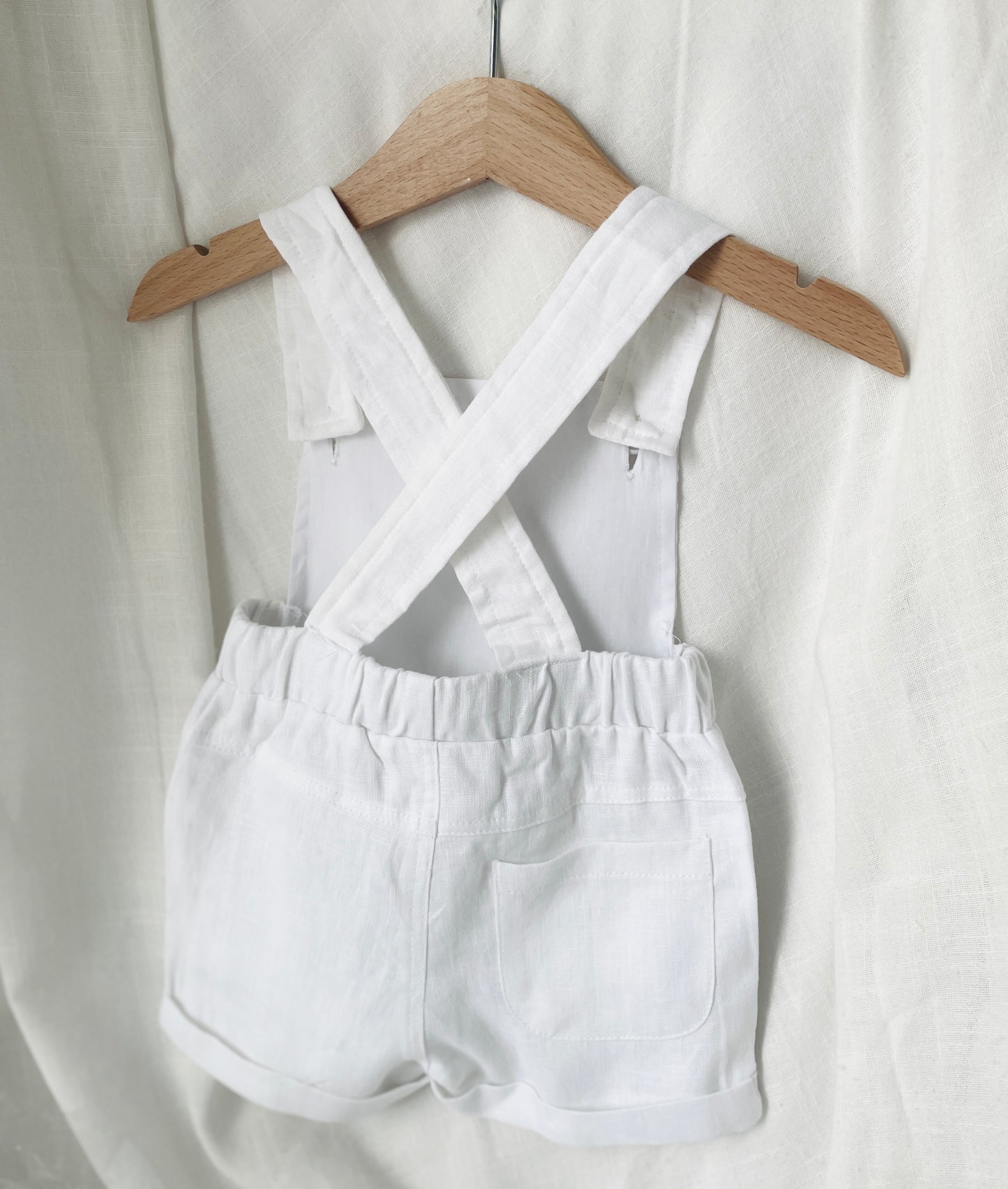 Boys white pure linen overalls suspender shorts with optional shirt and embroidery