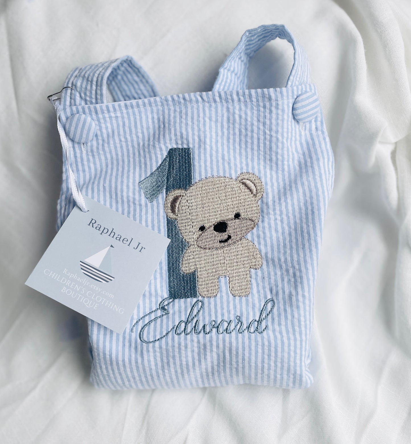 Boys Blue or white Birthday romper overalls Peter Rabbit