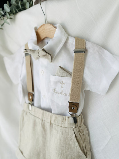 Beige Linen Baptism outfit with suspender shorts, shirt, and bow tie plus optional jacket and embroidery