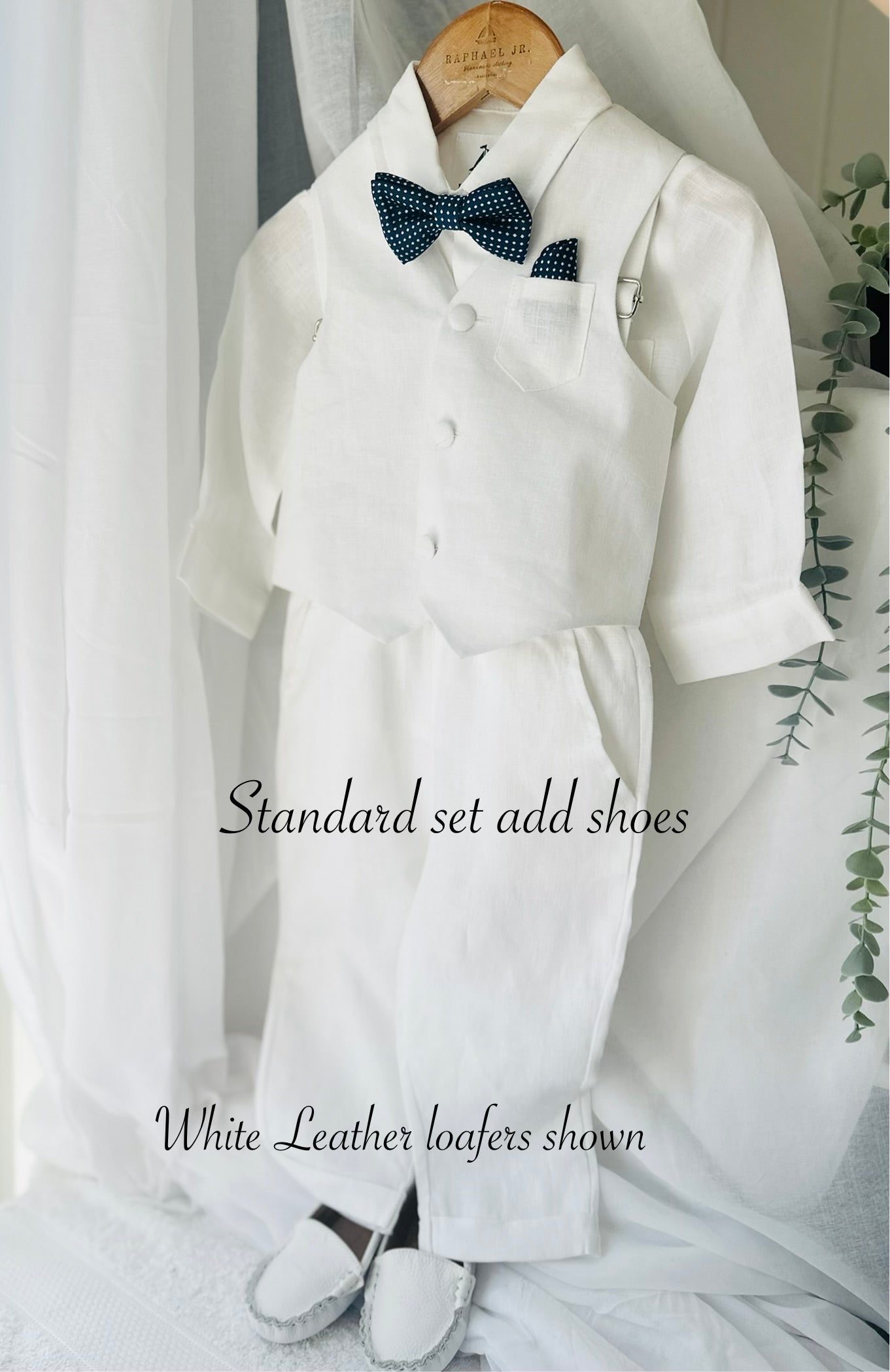 Boys white vest with white linen suit and navy jacket set
