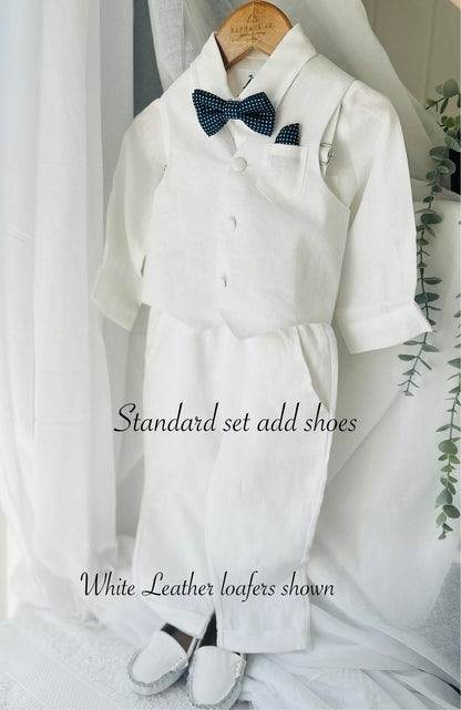 Boys white vest with white linen suit and navy jacket set